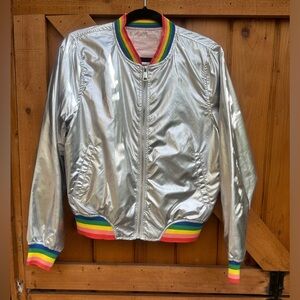 Metallic Silver, Rainbow Cuffed, Pink Satin Lined Windbreaker Size Small